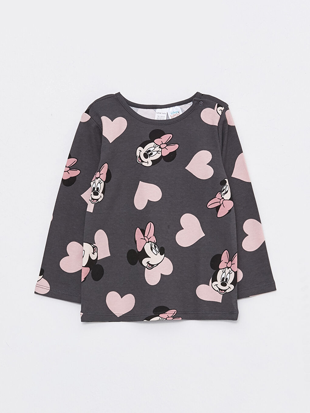 Antrasit Bisiklet Yaka Uzun Kollu Minnie Mouse Baskılı Kız Bebek Pijama Takım-1