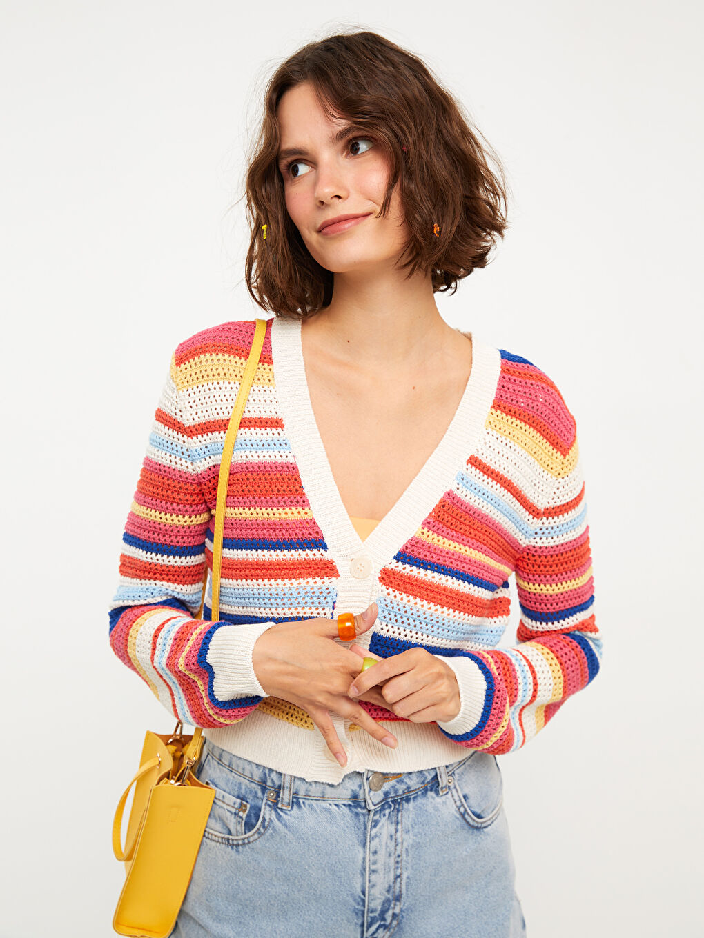 Ekru V Yaka Çizgili Uzun Kollu Kadın Triko Hırka-1