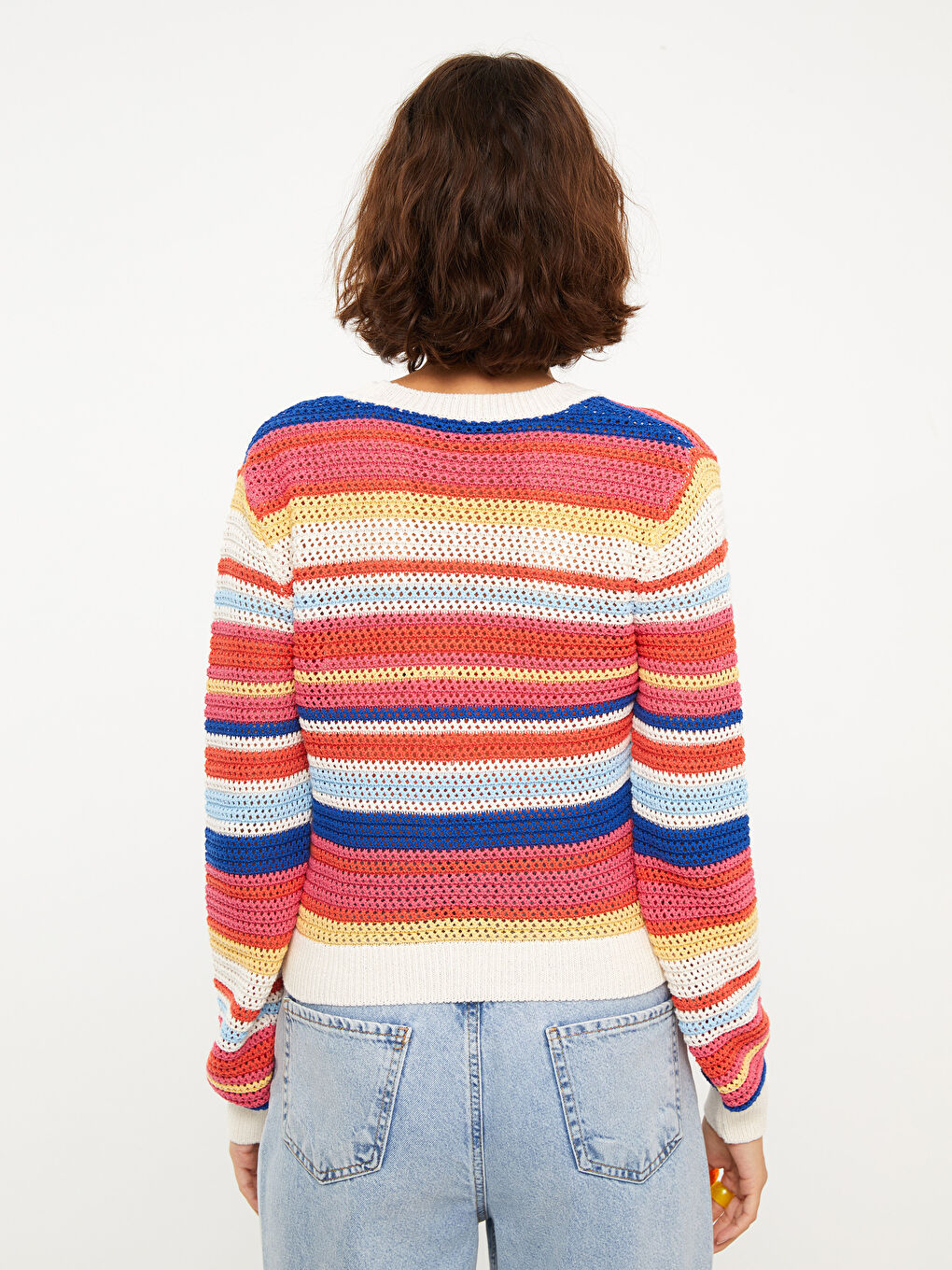 Ekru V Yaka Çizgili Uzun Kollu Kadın Triko Hırka-4