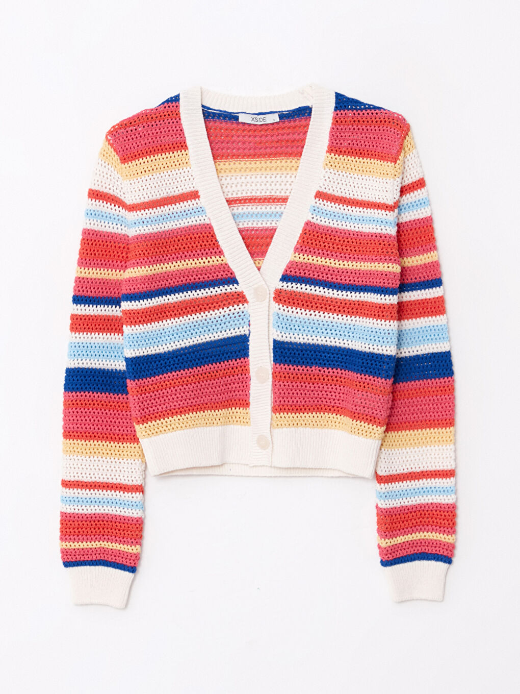 Ekru V Yaka Çizgili Uzun Kollu Kadın Triko Hırka-5