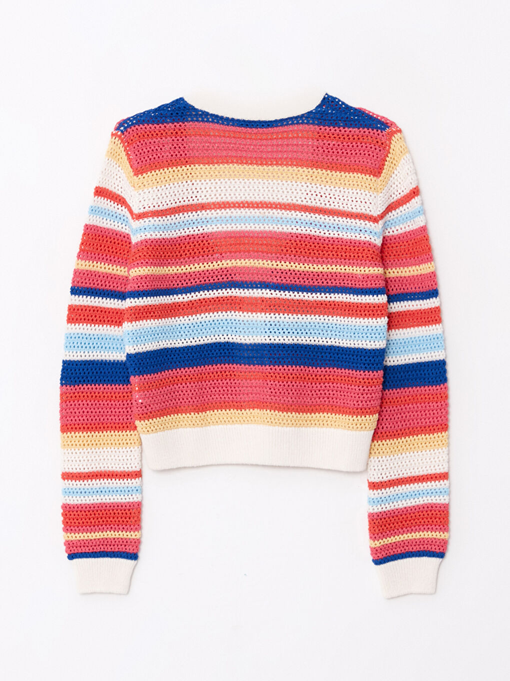 Ekru V Yaka Çizgili Uzun Kollu Kadın Triko Hırka-6