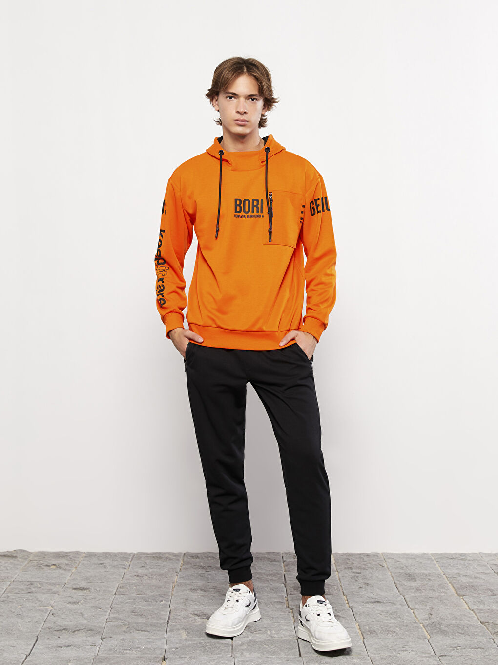 Turuncu Uzun Kollu Baskılı Erkek Hoodie