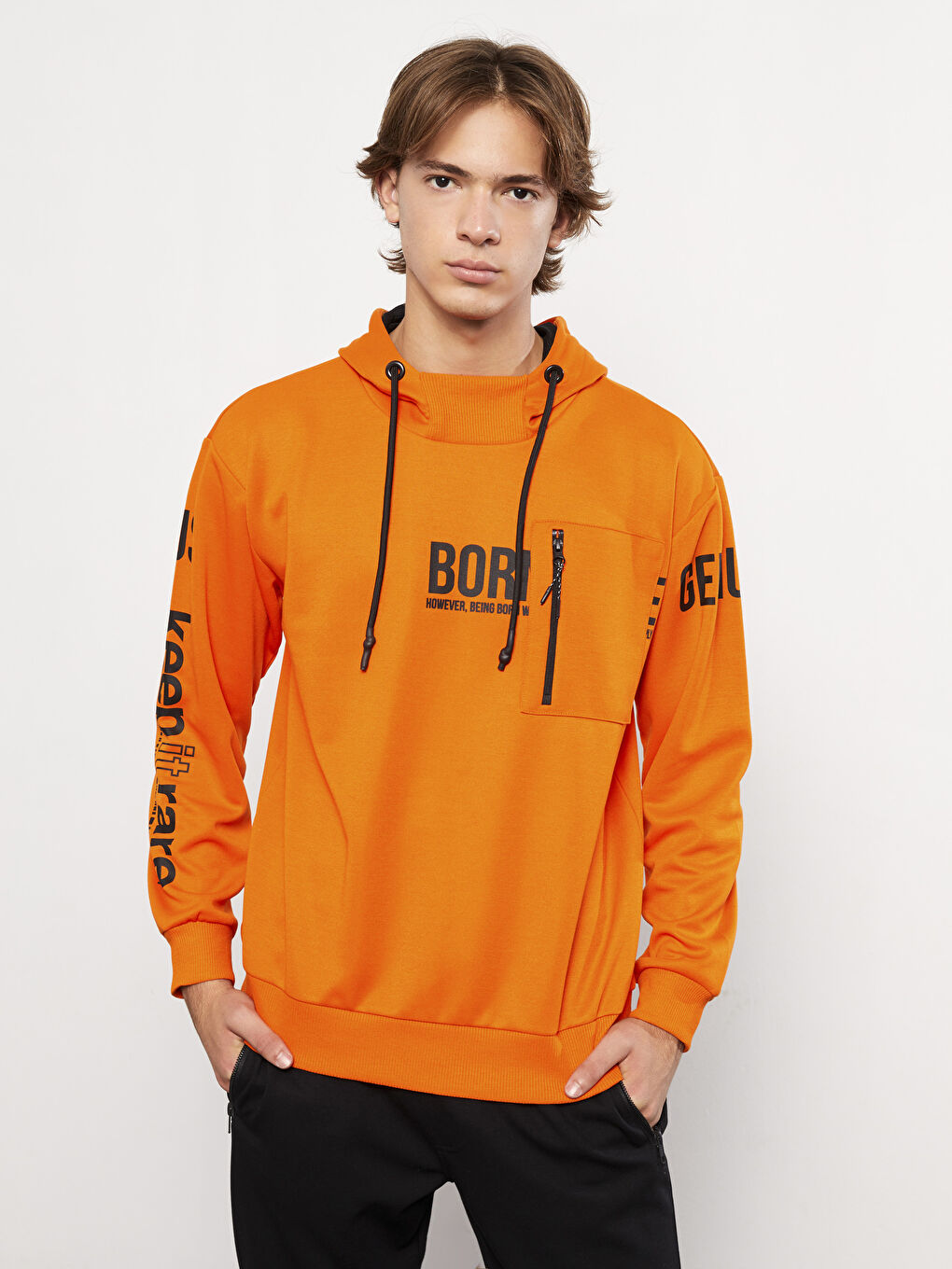 Turuncu Uzun Kollu Baskılı Erkek Hoodie-2