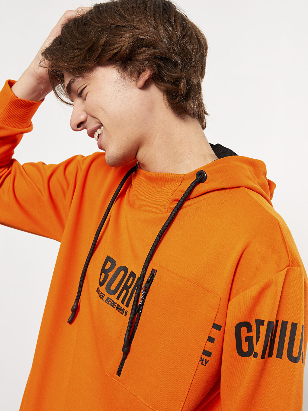 Turuncu Uzun Kollu Baskılı Erkek Hoodie-3
