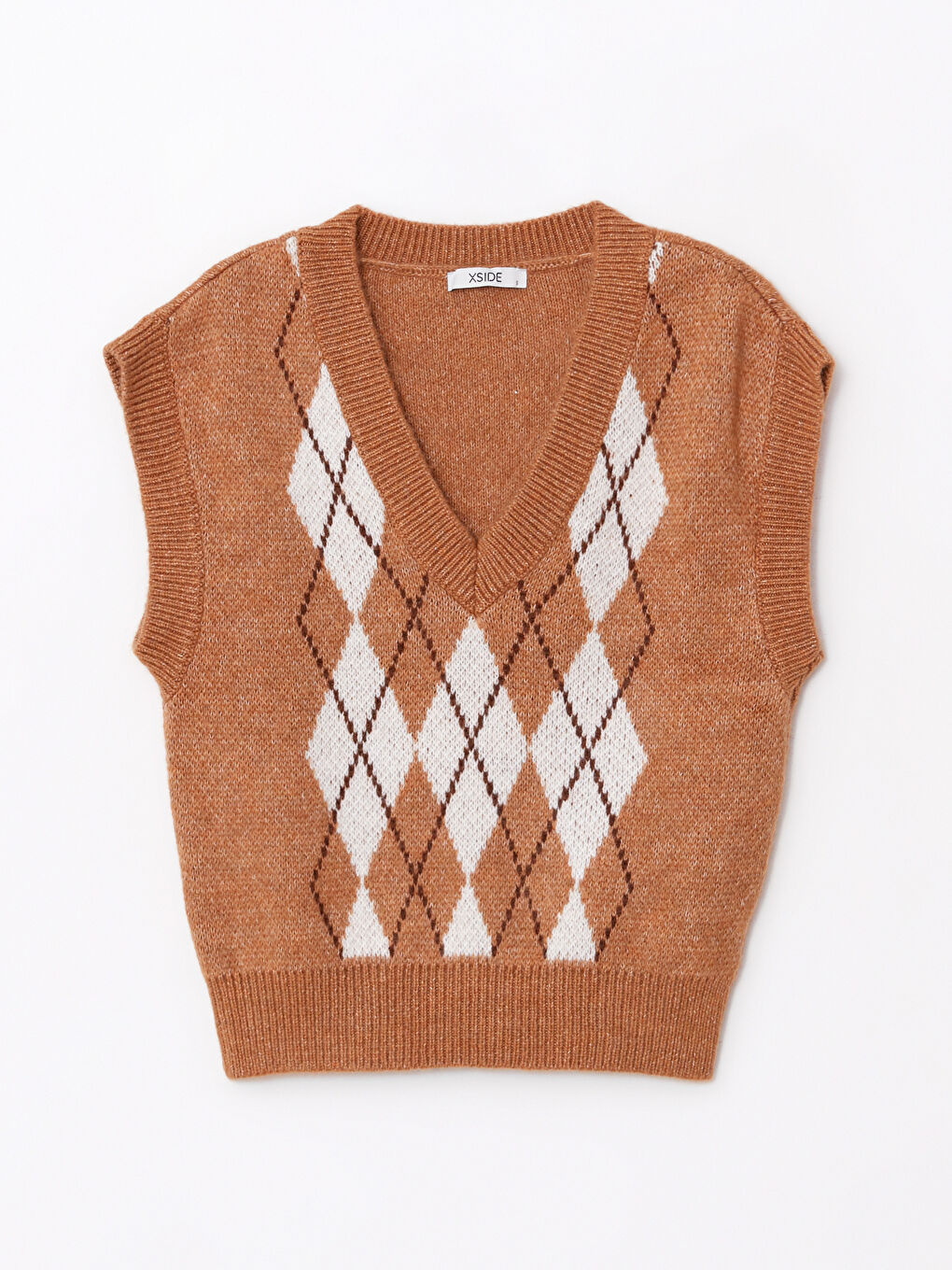 Kahverengi V Yaka Desenli Kadın Triko Süveter-5
