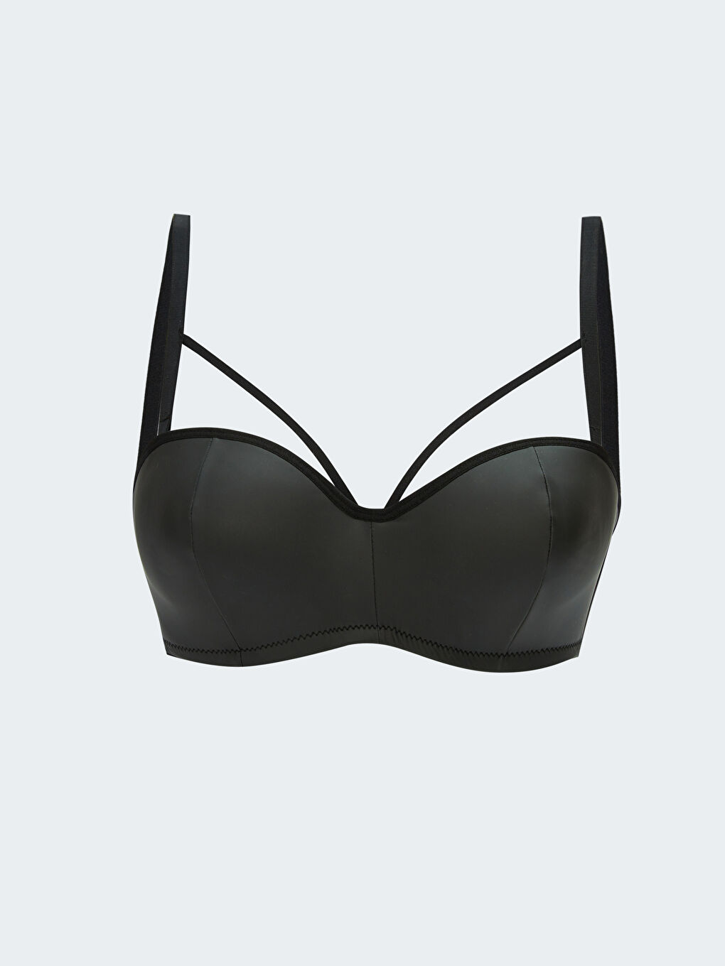 Siyah Balenli Dolgusuz Düz Deri Görünümlü Fantezi Straplez Sütyen