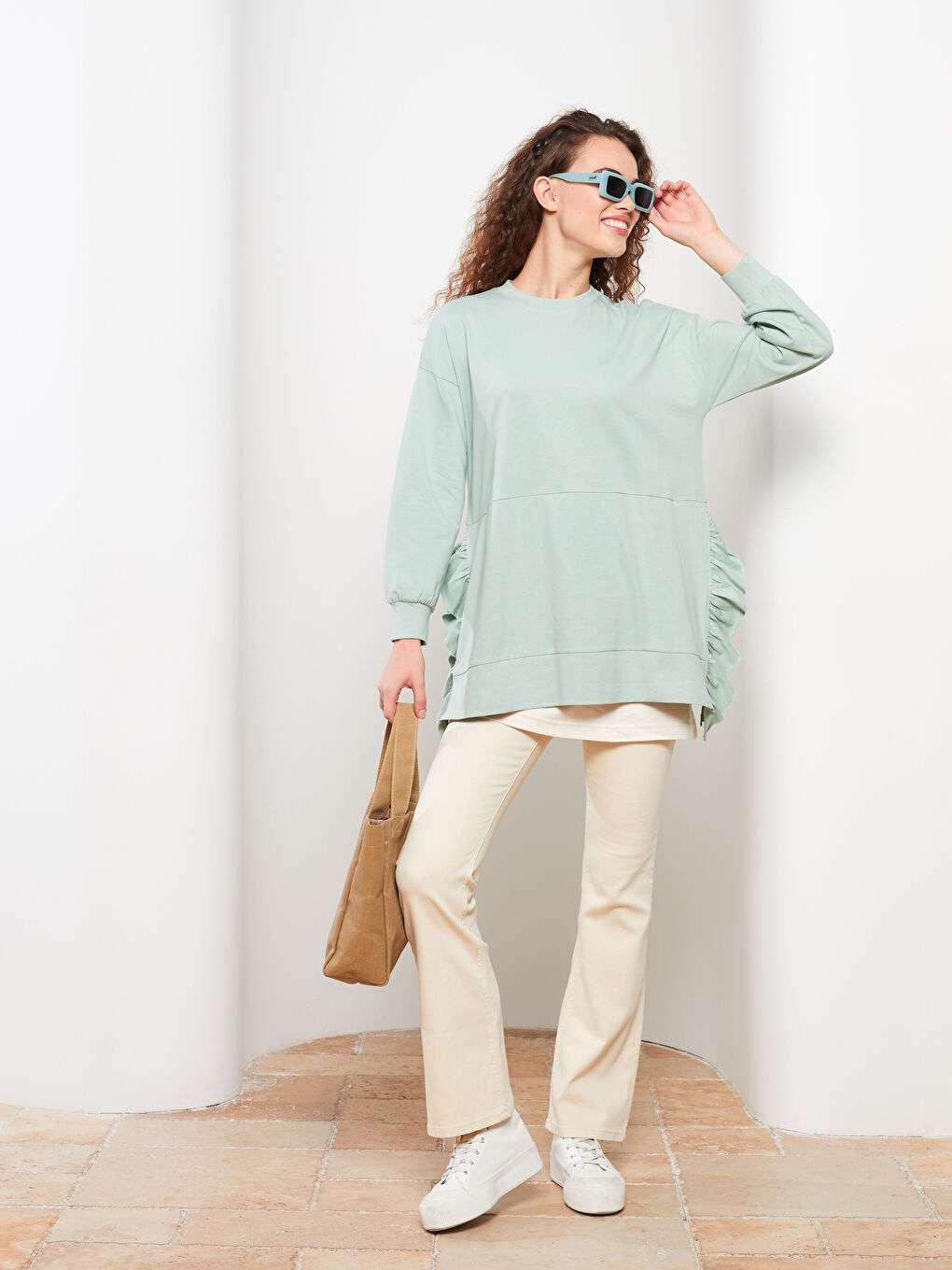 Crew Neck Straight Long Sleeve Cotton Women's Sweatshirt Tunic -W2BT08Z8-RDZ