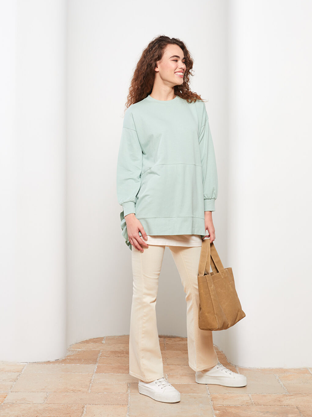 Crew Neck Straight Long Sleeve Cotton Women's Sweatshirt Tunic -W2BT08Z8-RDZ