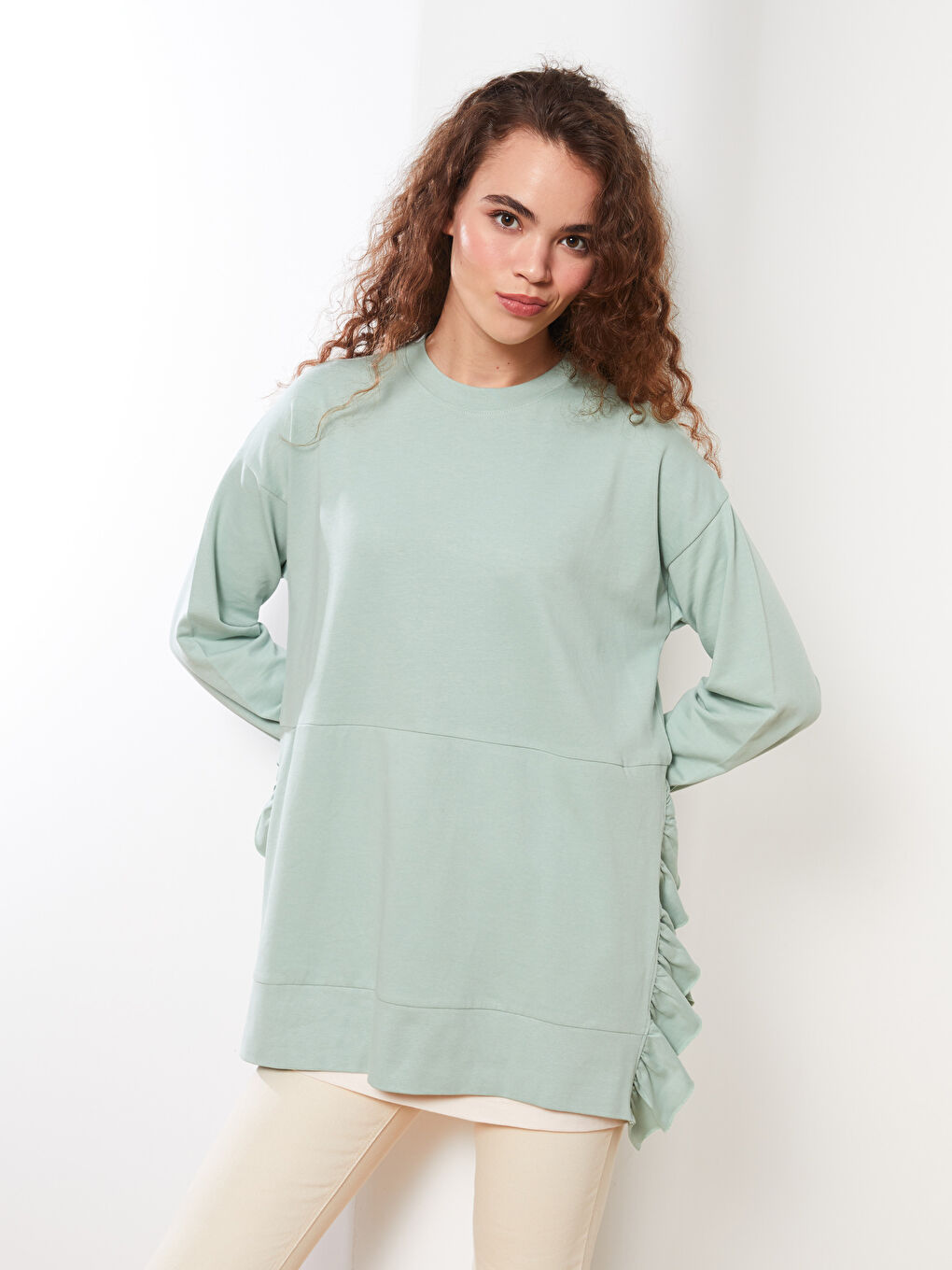 Crew Neck Straight Long Sleeve Cotton Women's Sweatshirt Tunic -W2BT08Z8-RDZ
