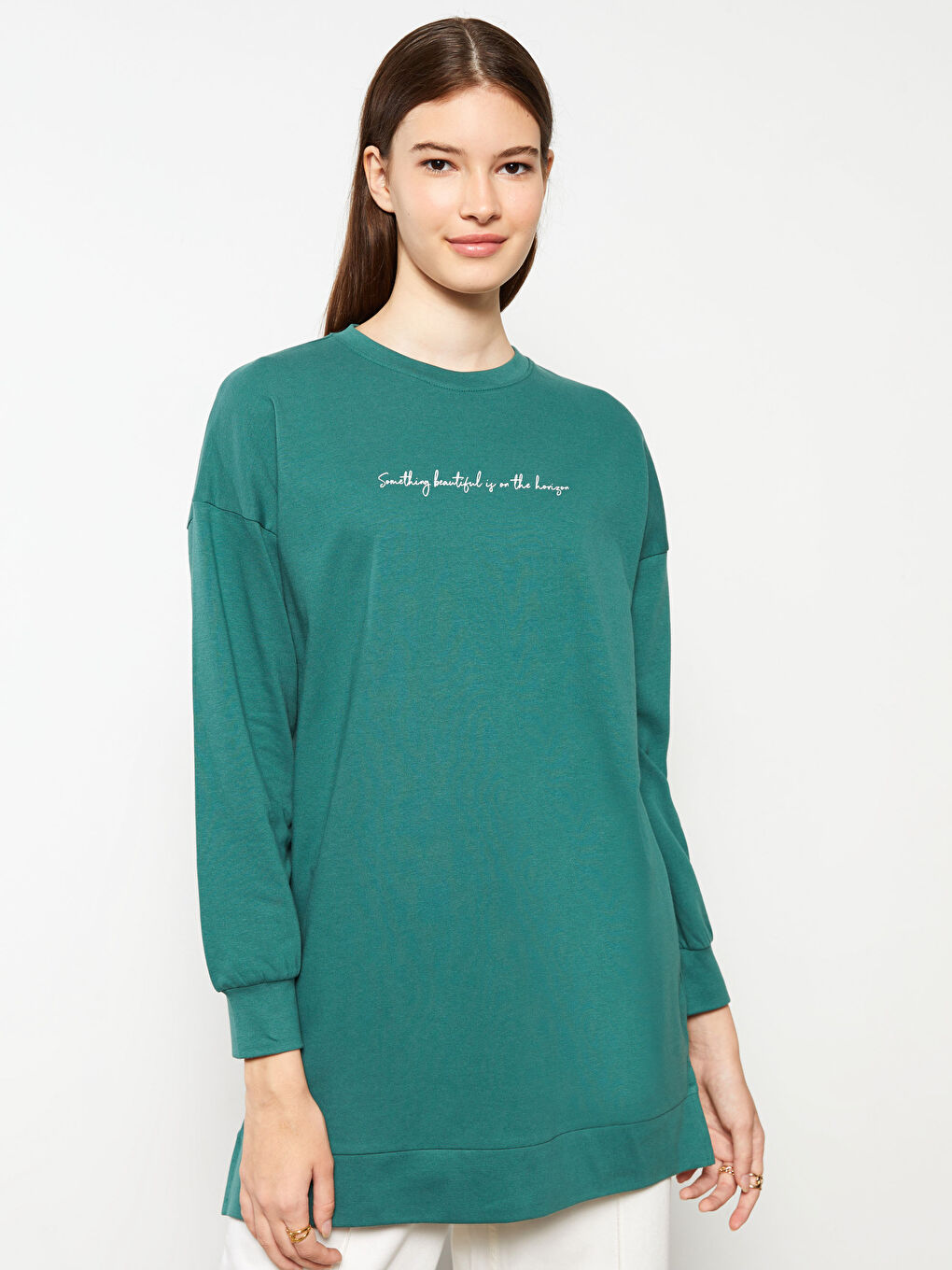 Crew Neck Printed Long Sleeve Oversize Cotton Women's Sweatshirt Tunic -W2BT23Z8-QDT