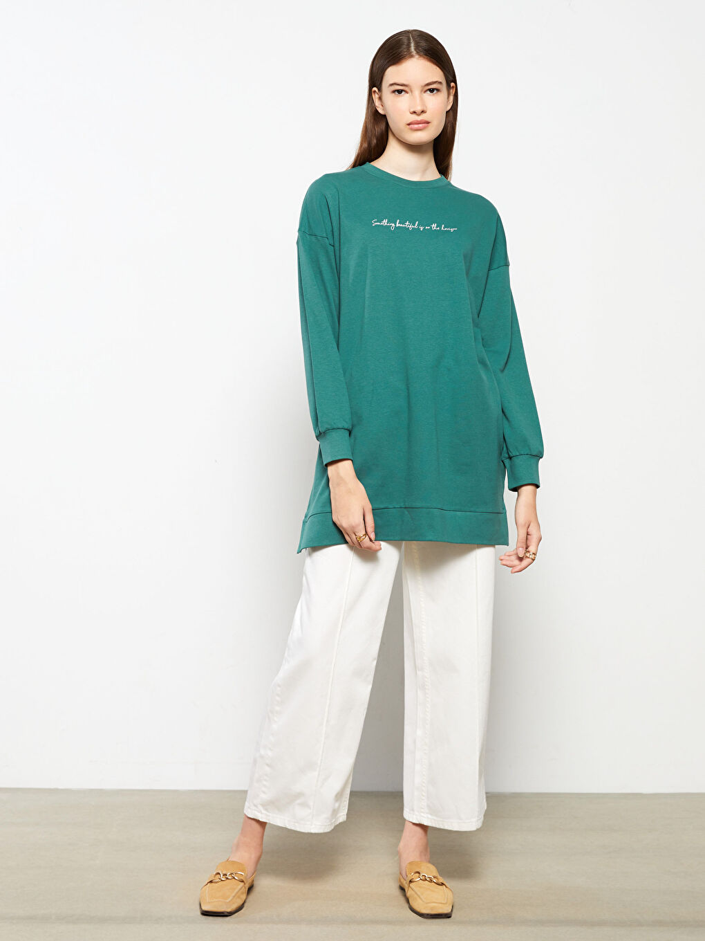 Crew Neck Printed Long Sleeve Oversize Cotton Women's Sweatshirt Tunic -W2BT23Z8-QDT