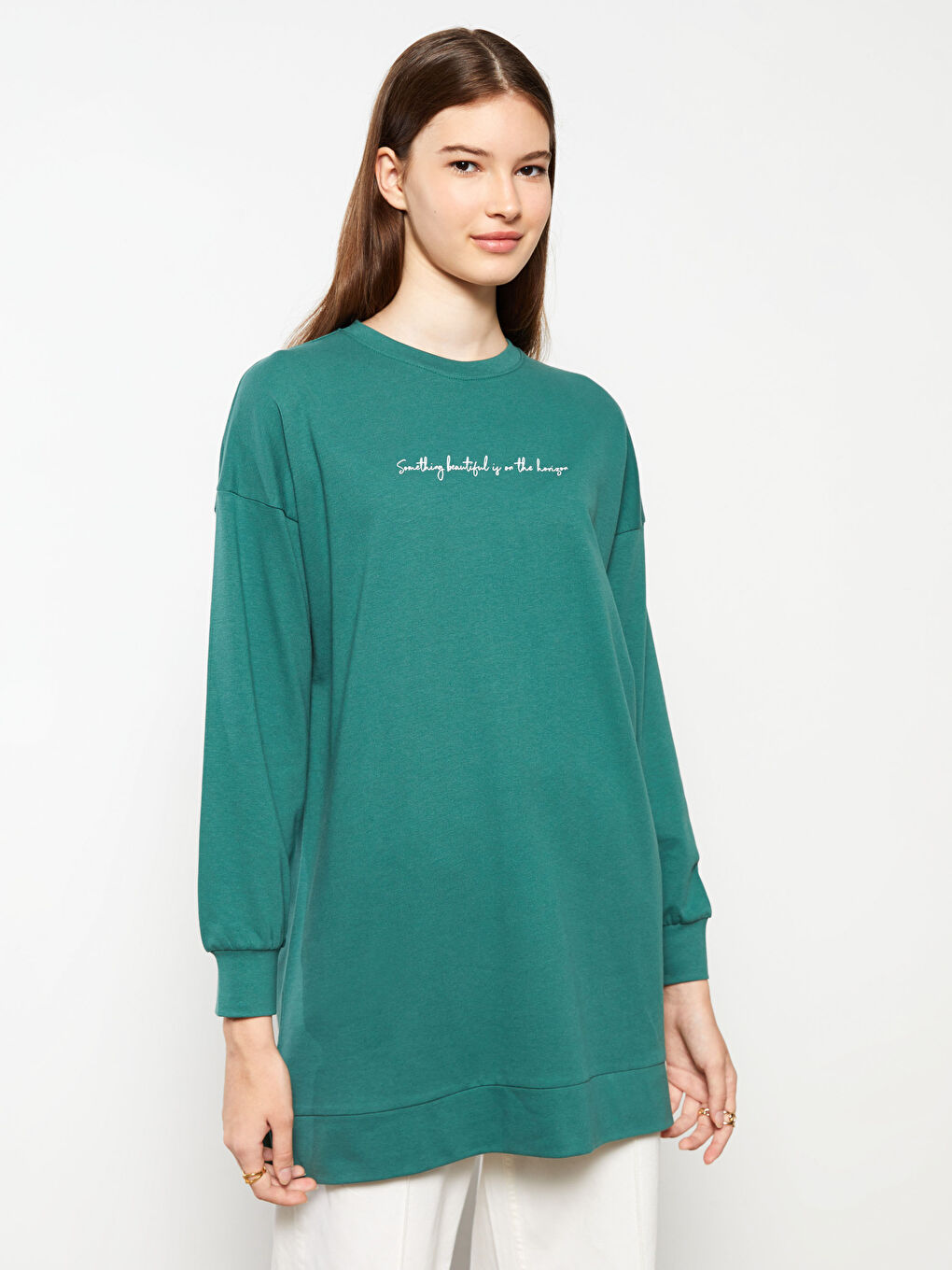 Crew Neck Printed Long Sleeve Oversize Cotton Women's Sweatshirt Tunic -W2BT23Z8-QDT