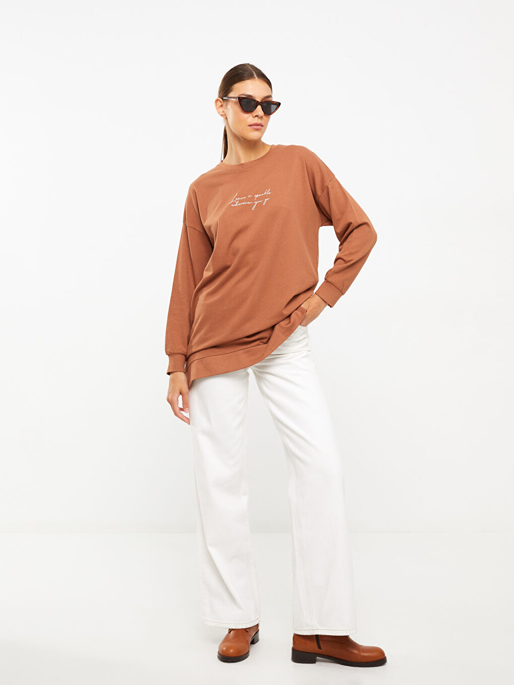 Crew Neck Printed Long Sleeve Oversize Cotton Women's Sweatshirt Tunic-1