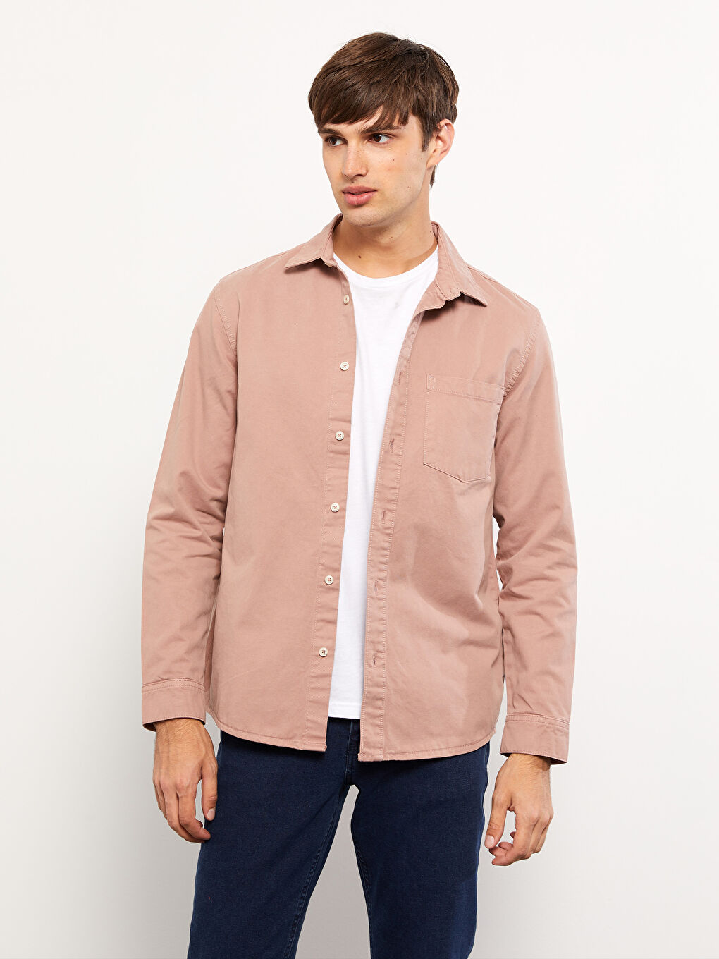Pembe Rahat Kalıp Uzun Kollu Erkek Jean Gömlek