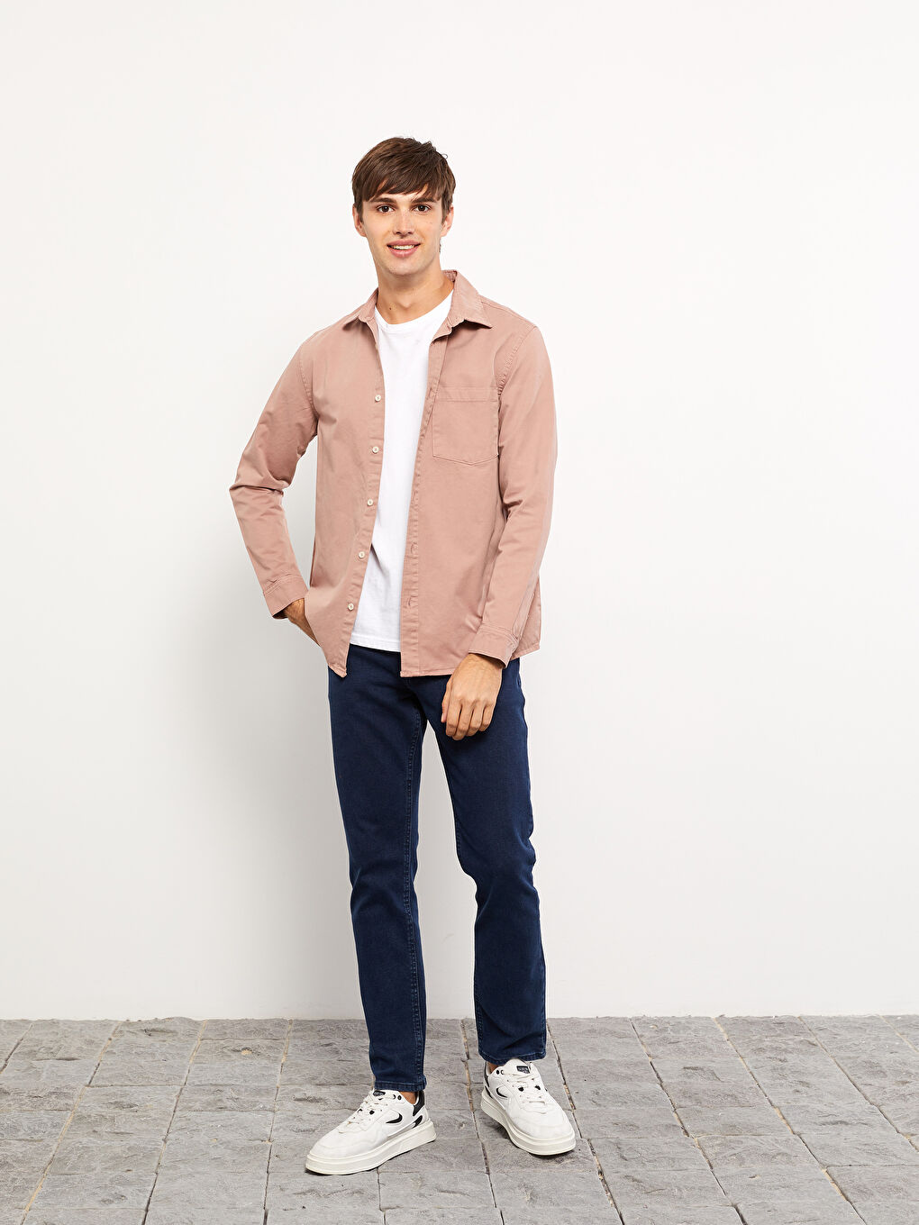 Pembe Rahat Kalıp Uzun Kollu Erkek Jean Gömlek-2