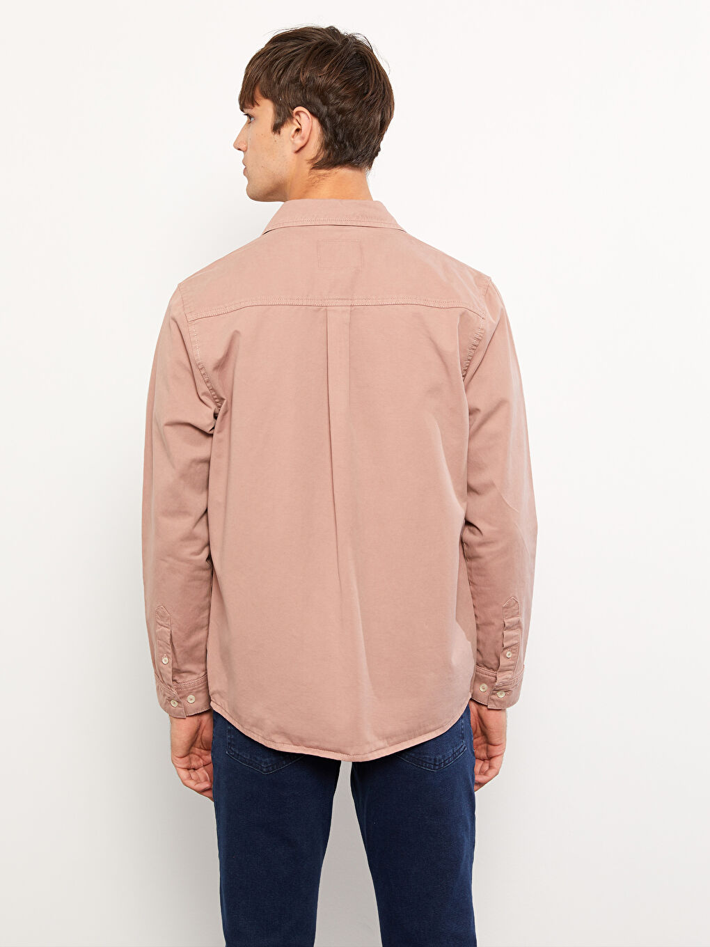 Pembe Rahat Kalıp Uzun Kollu Erkek Jean Gömlek-4