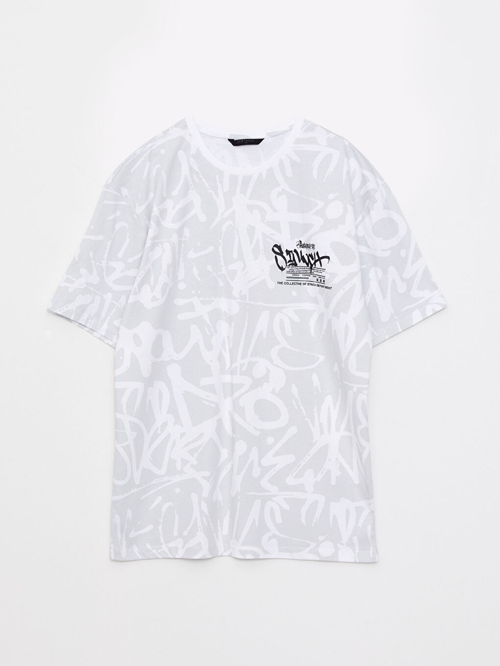 Beyaz Bisiklet Yaka Kısa Kollu Baskılı Erkek Tişört-5