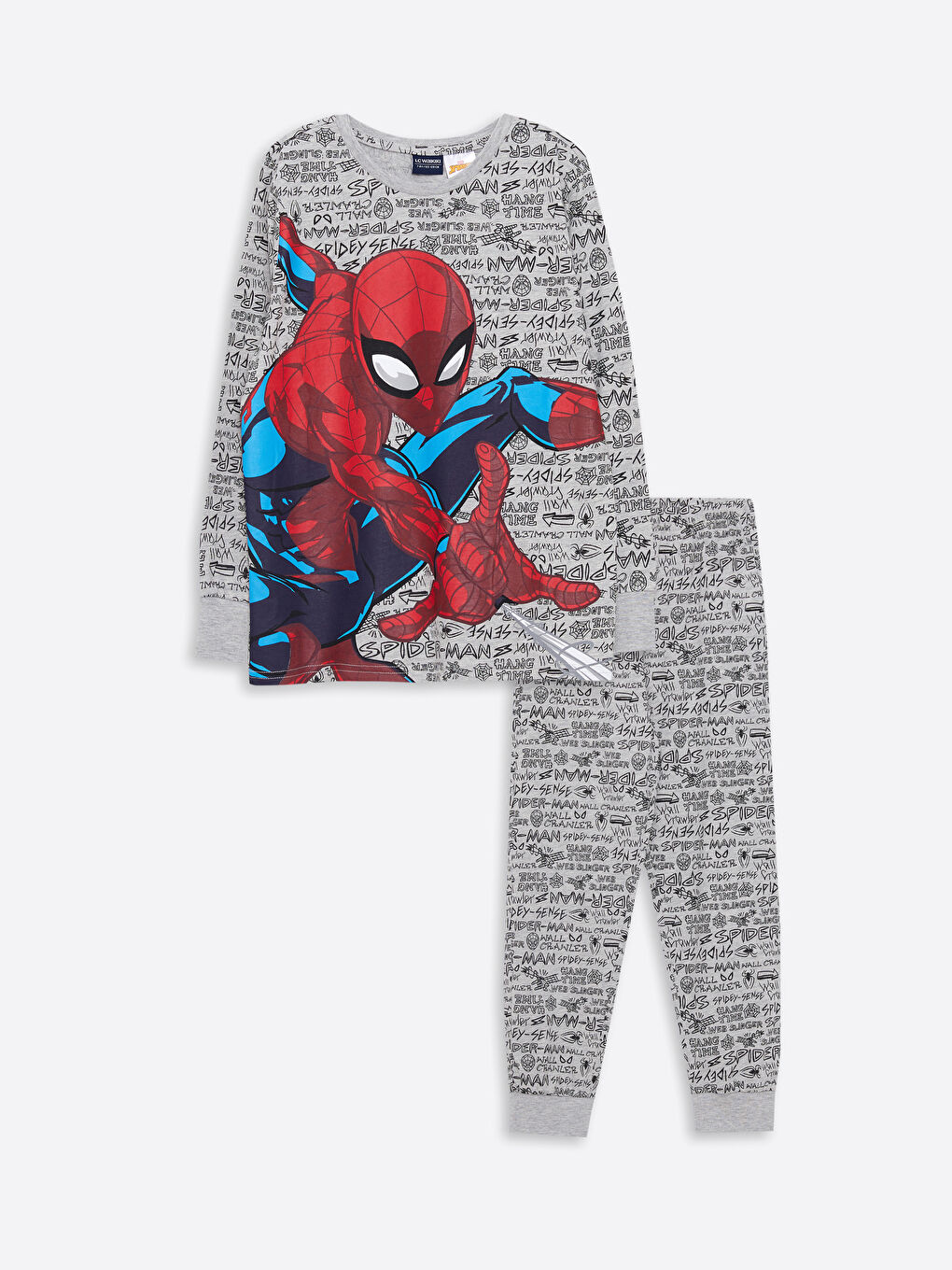 Gri Bisiklet Yaka Spider-Man Baskılı Uzun Kollu Erkek Çocuk Pijama Takımı