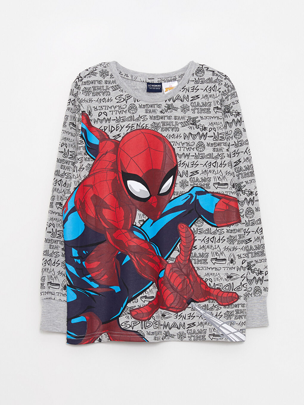 Gri Bisiklet Yaka Spider-Man Baskılı Uzun Kollu Erkek Çocuk Pijama Takımı-1