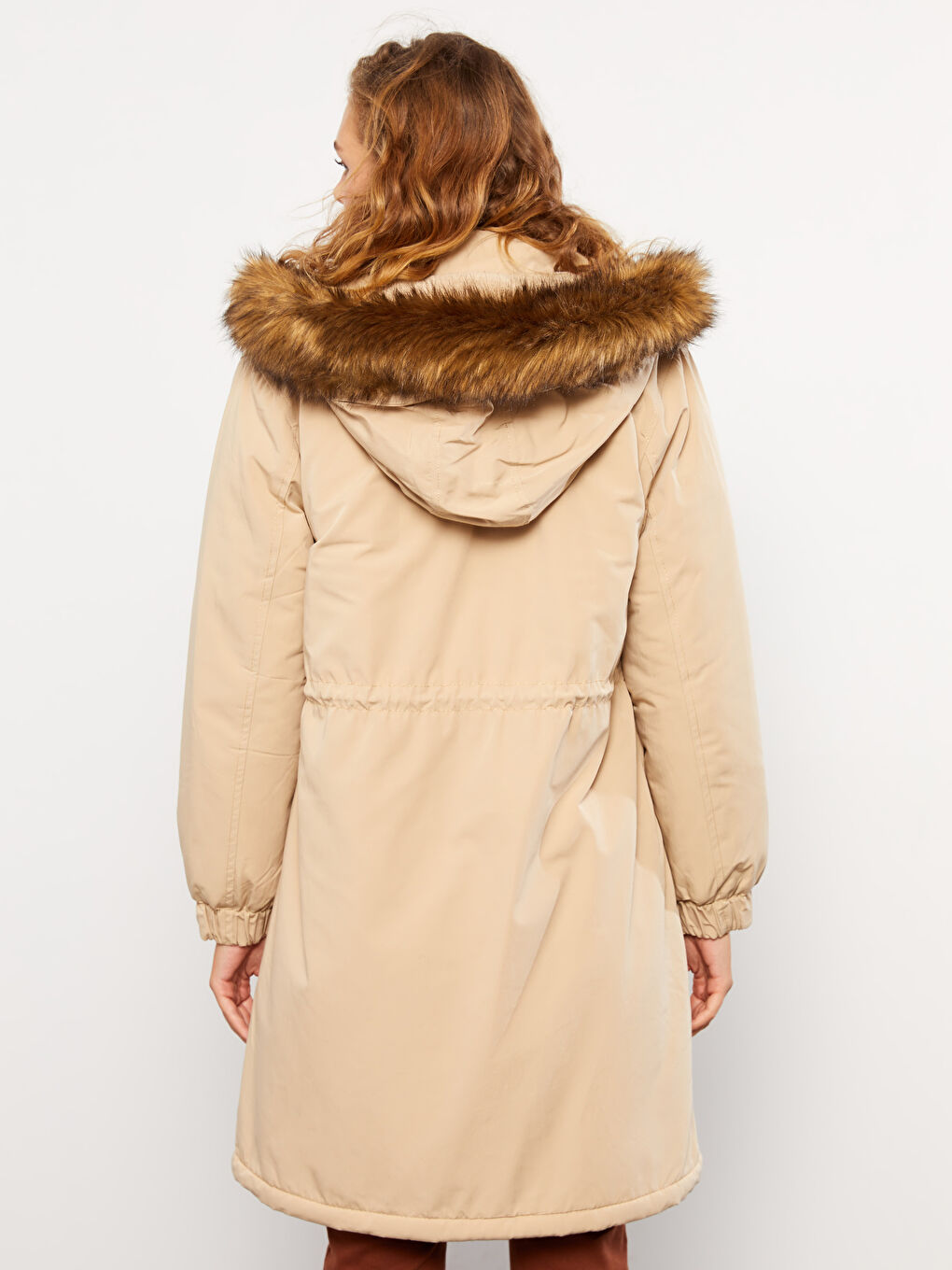 Bej Kadın Kapüşonlu Düz Parka-4