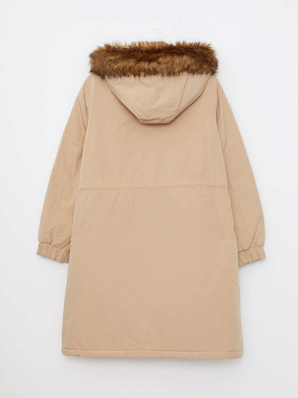 Bej Kadın Kapüşonlu Düz Parka-6