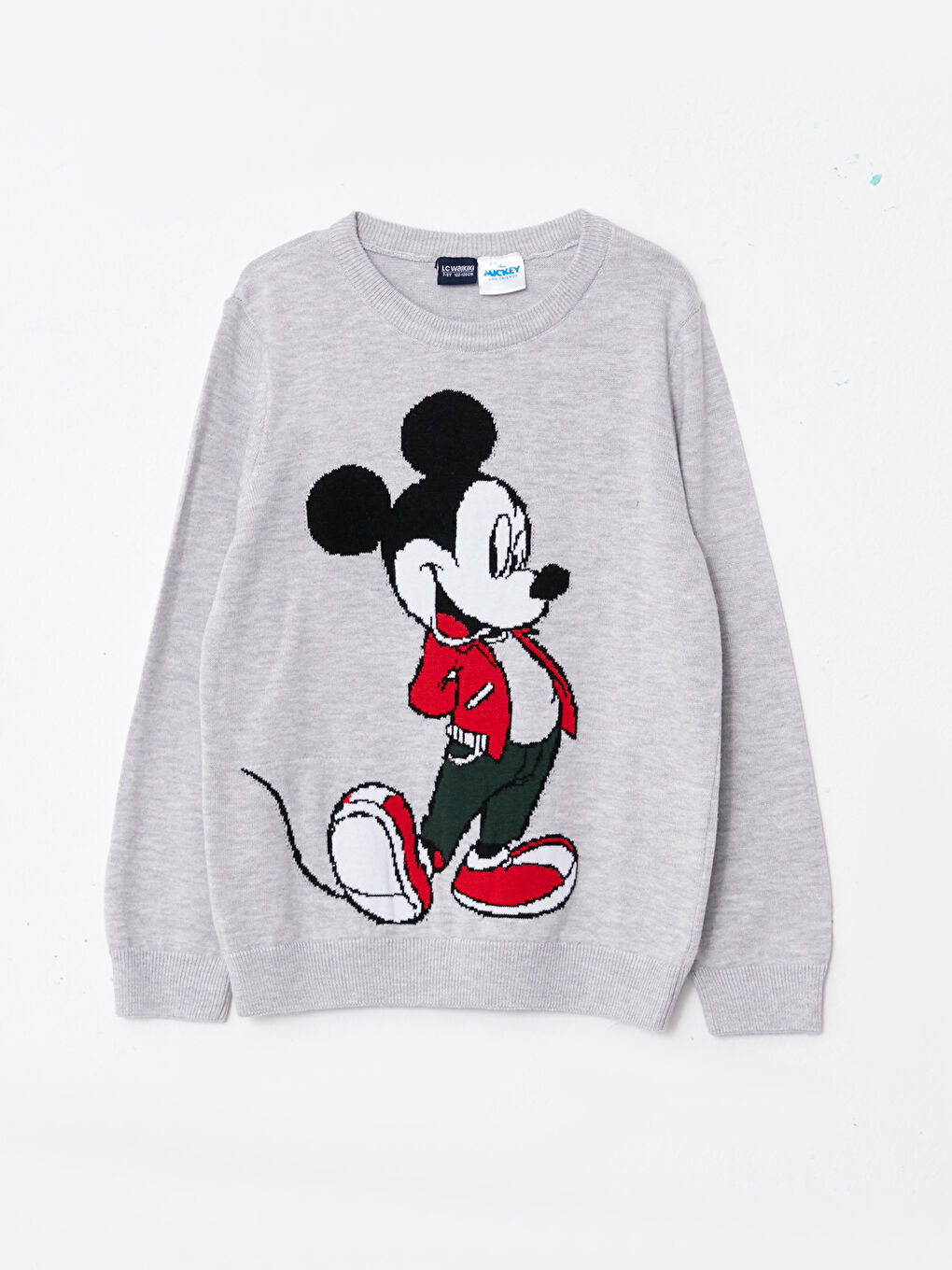 LCW Kids Gri Melanj Bisiklet Yaka Mickey Mouse Desenli Uzun Kollu Erkek Çocuk Triko Kazak