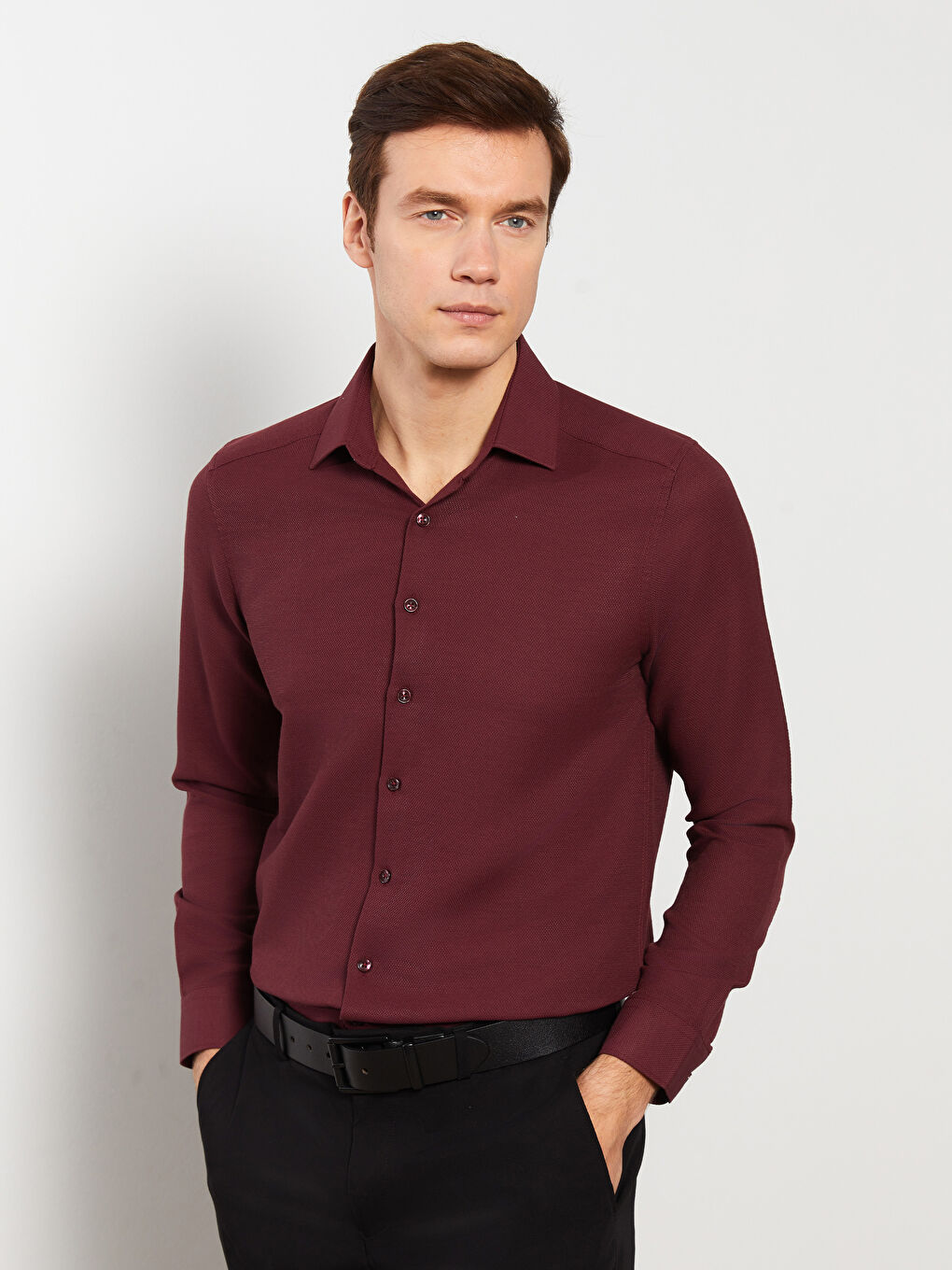 Bordo Slim Fit Uzun Kollu Armürlü Erkek Gömlek