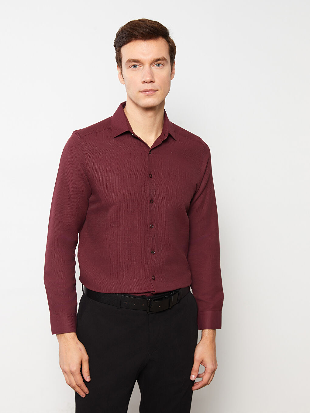Bordo Slim Fit Uzun Kollu Armürlü Erkek Gömlek-1