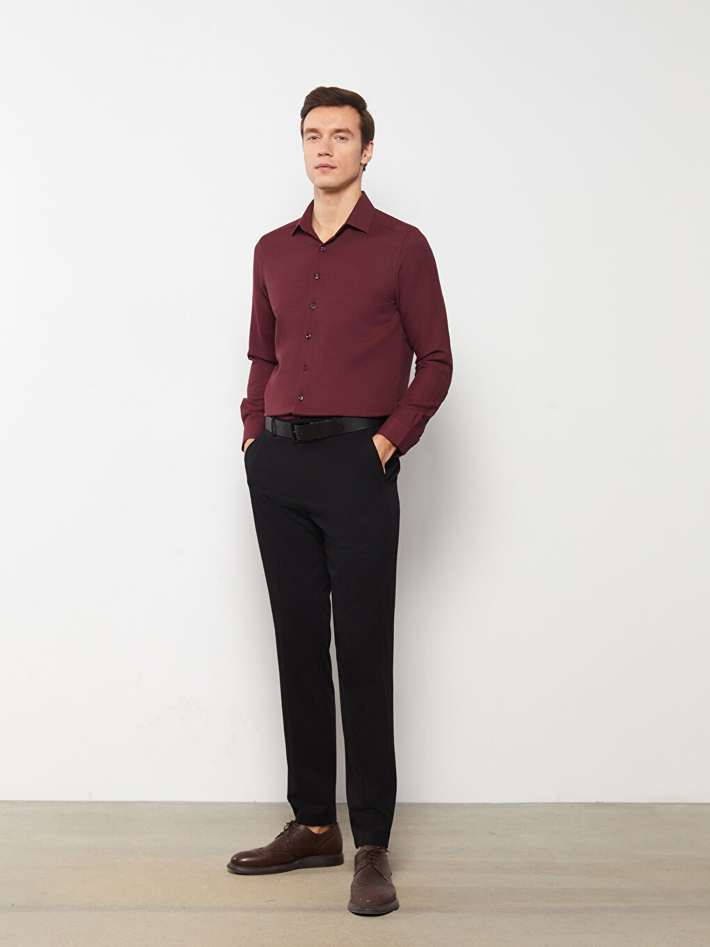 Bordo Slim Fit Uzun Kollu Armürlü Erkek Gömlek-2