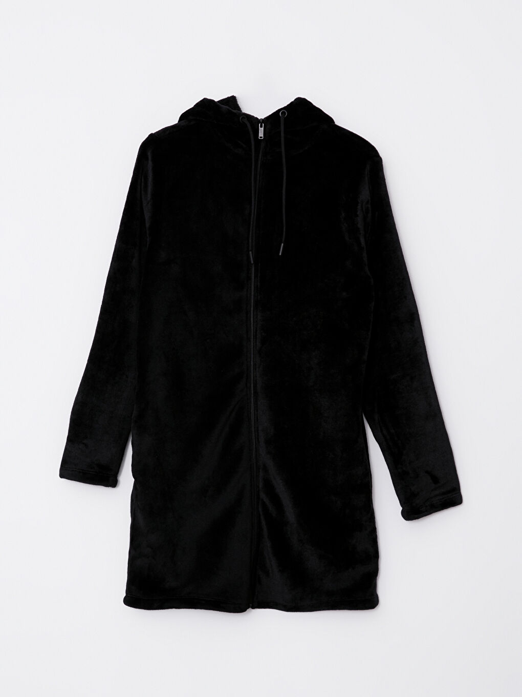 Siyah Kapüşonlu Düz Uzun Kollu Kadife Kadın Spor Hırka-4