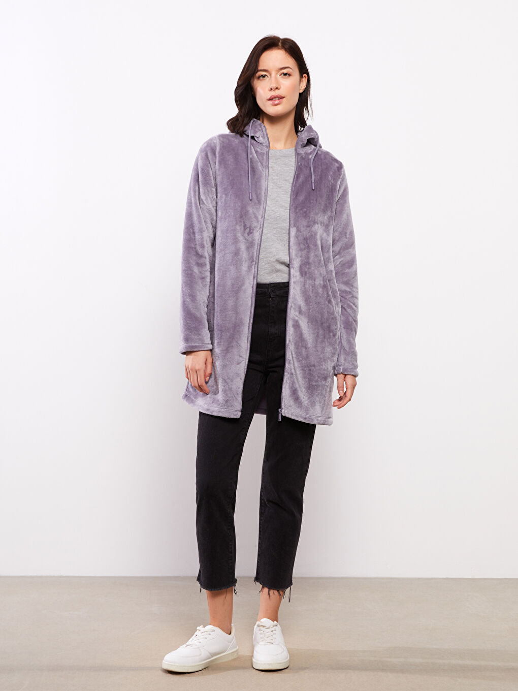Lila Kapüşonlu Düz Uzun Kollu Kadife Kadın Spor Hırka
