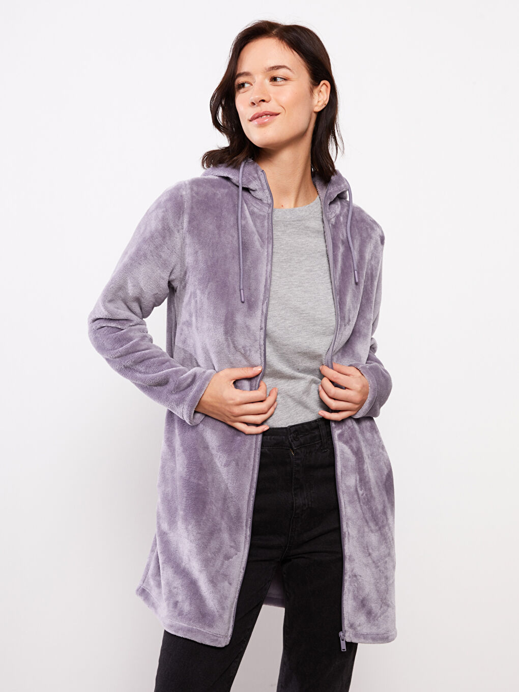 Lila Kapüşonlu Düz Uzun Kollu Kadife Kadın Spor Hırka-1