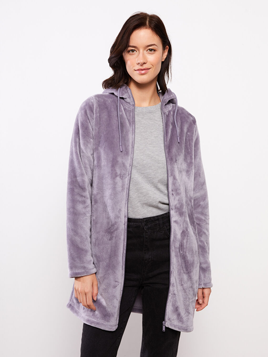 Lila Kapüşonlu Düz Uzun Kollu Kadife Kadın Spor Hırka-2