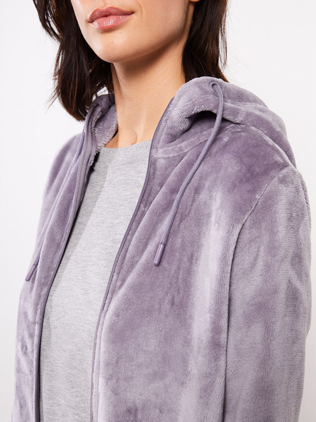 Lila Kapüşonlu Düz Uzun Kollu Kadife Kadın Spor Hırka-3
