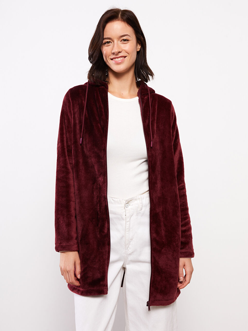 Bordo Kapüşonlu Düz Uzun Kollu Kadife Kadın Spor Hırka