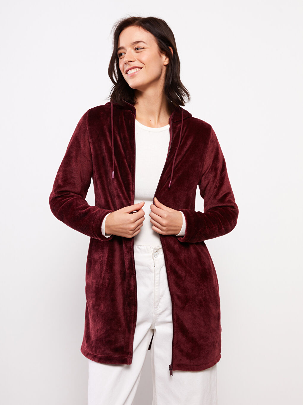 Bordo Kapüşonlu Düz Uzun Kollu Kadife Kadın Spor Hırka-2