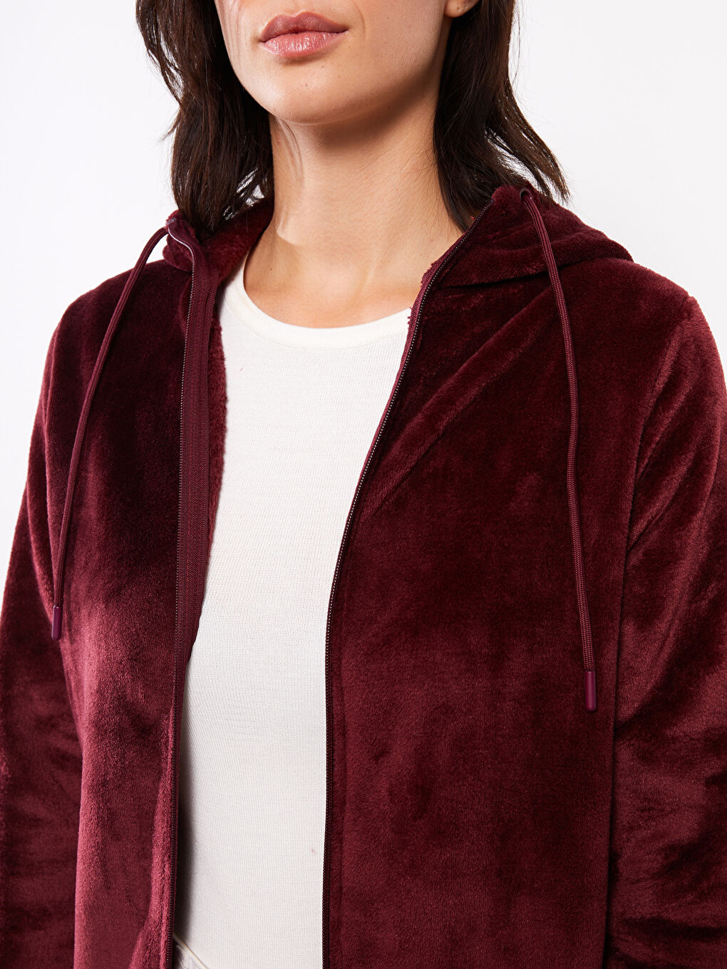 Bordo Kapüşonlu Düz Uzun Kollu Kadife Kadın Spor Hırka-3