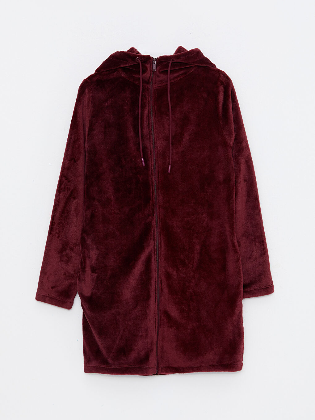 Bordo Kapüşonlu Düz Uzun Kollu Kadife Kadın Spor Hırka-5
