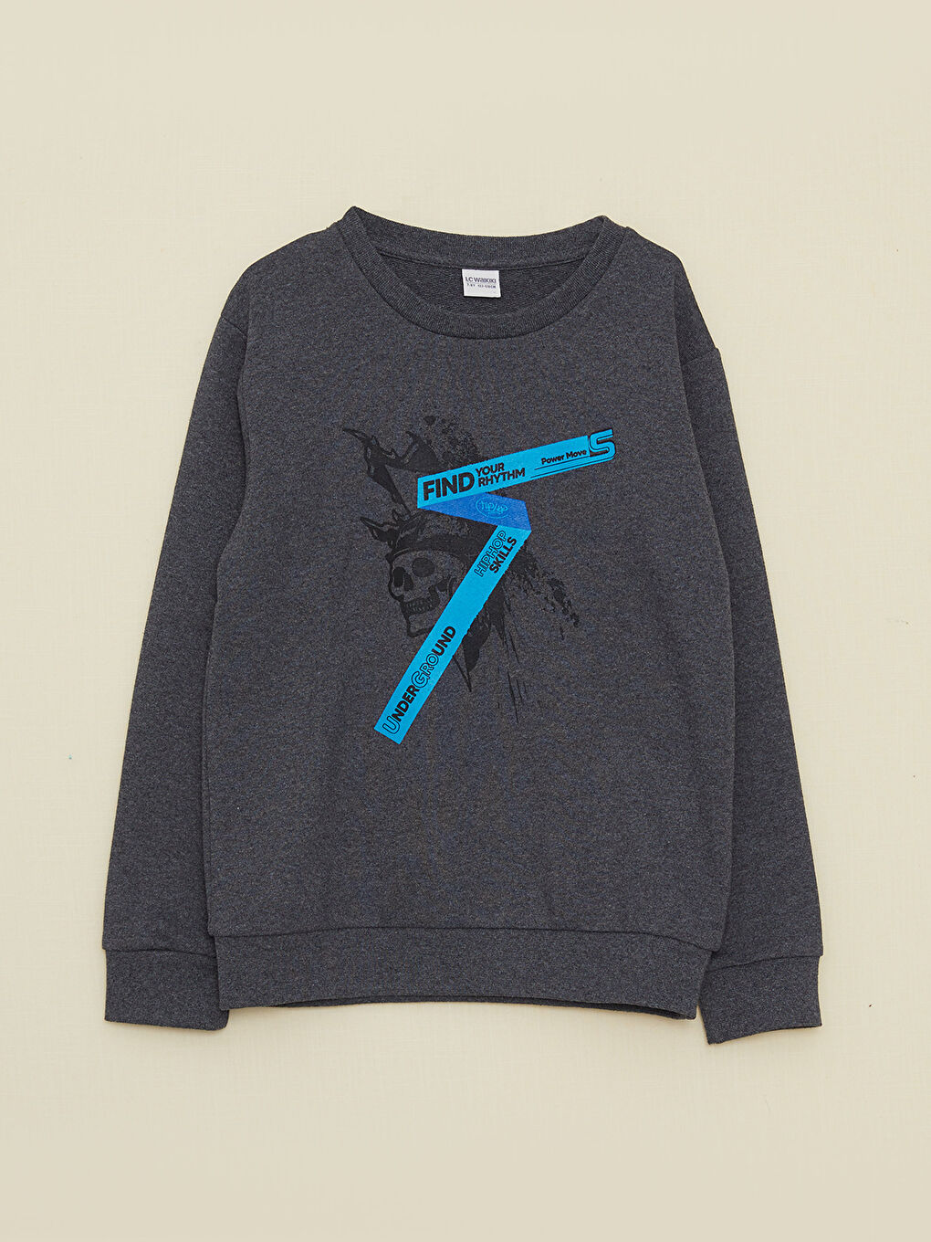 Gri Bisiklet Yaka Baskılı Uzun Kollu Erkek Çocuk Sweatshirt