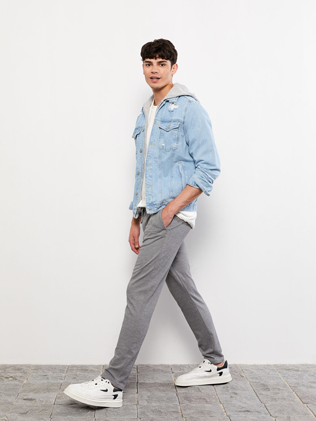 Gri Slim Fit Beli Bağlama Detaylı Erkek Pantolon-4