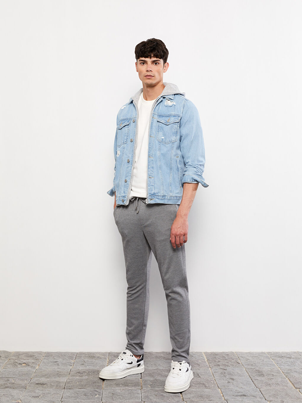 Gri Slim Fit Beli Bağlama Detaylı Erkek Pantolon-5