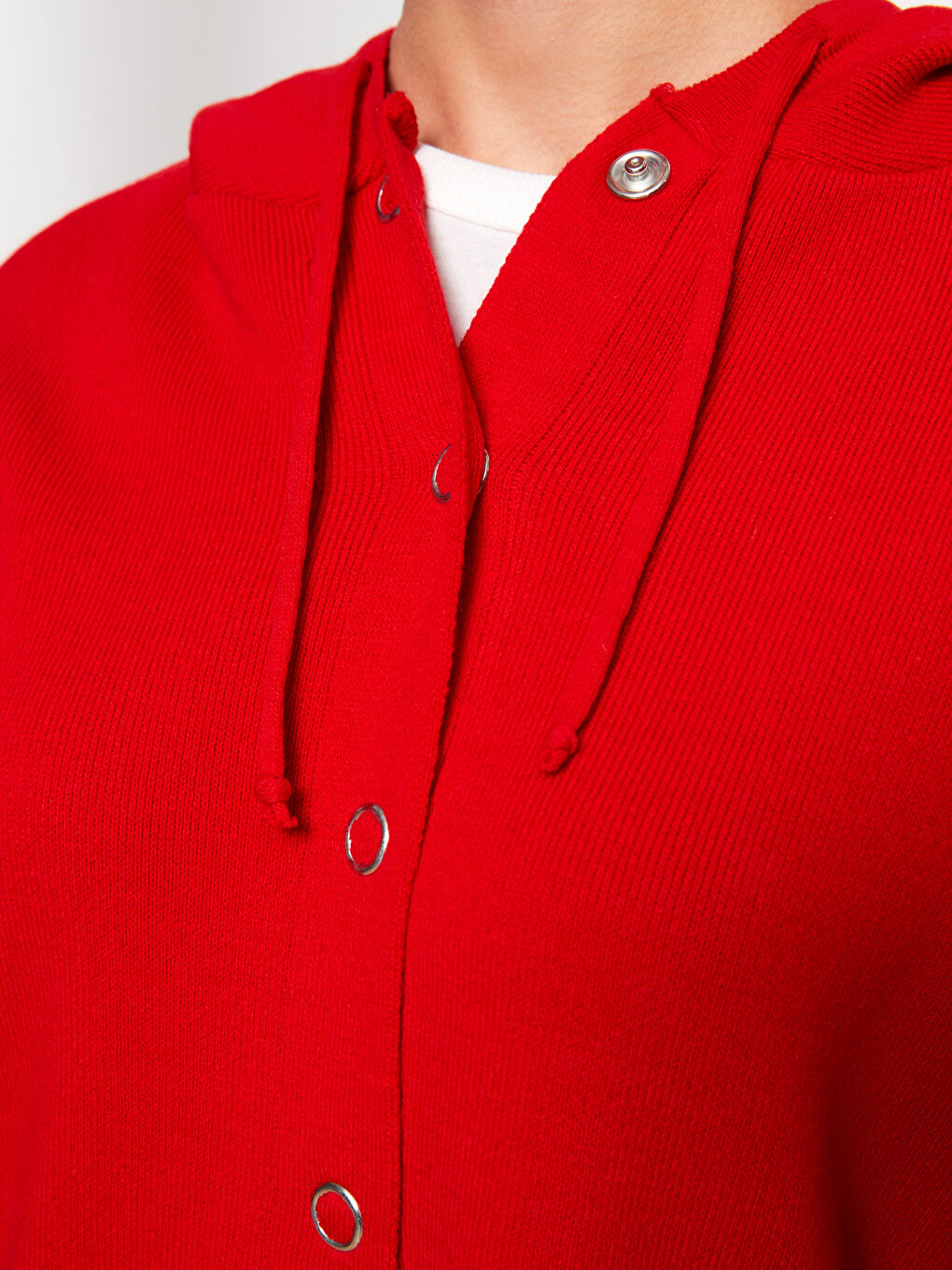 Kırmızı Kapüşonlu Düz Uzun Kollu Kadın Triko Hırka-3