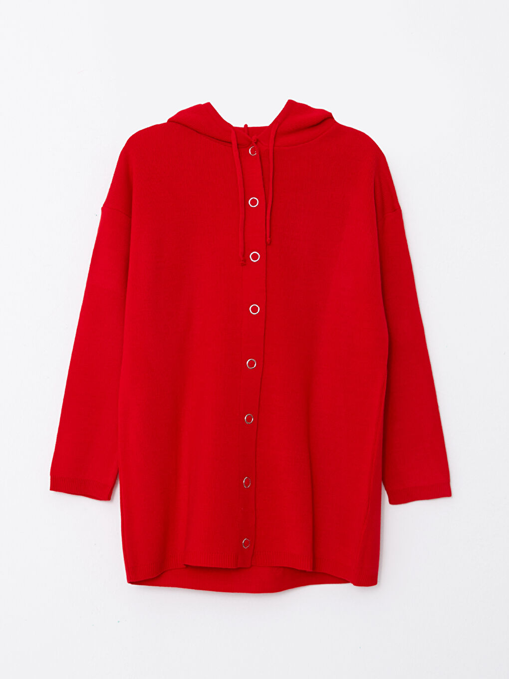 Kırmızı Kapüşonlu Düz Uzun Kollu Kadın Triko Hırka-5