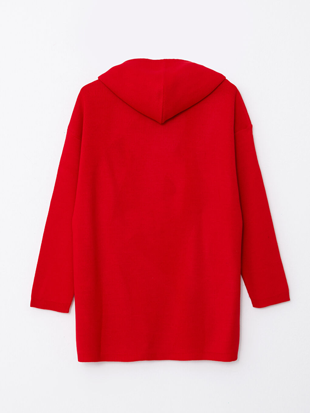 Kırmızı Kapüşonlu Düz Uzun Kollu Kadın Triko Hırka-6