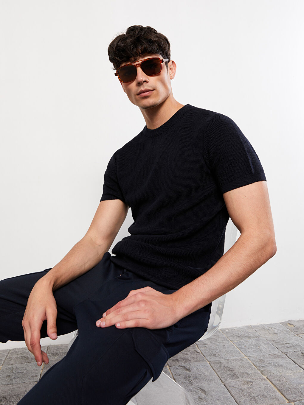 Lacivert Bisiklet Yaka Kısa Kollu Erkek Triko Kazak