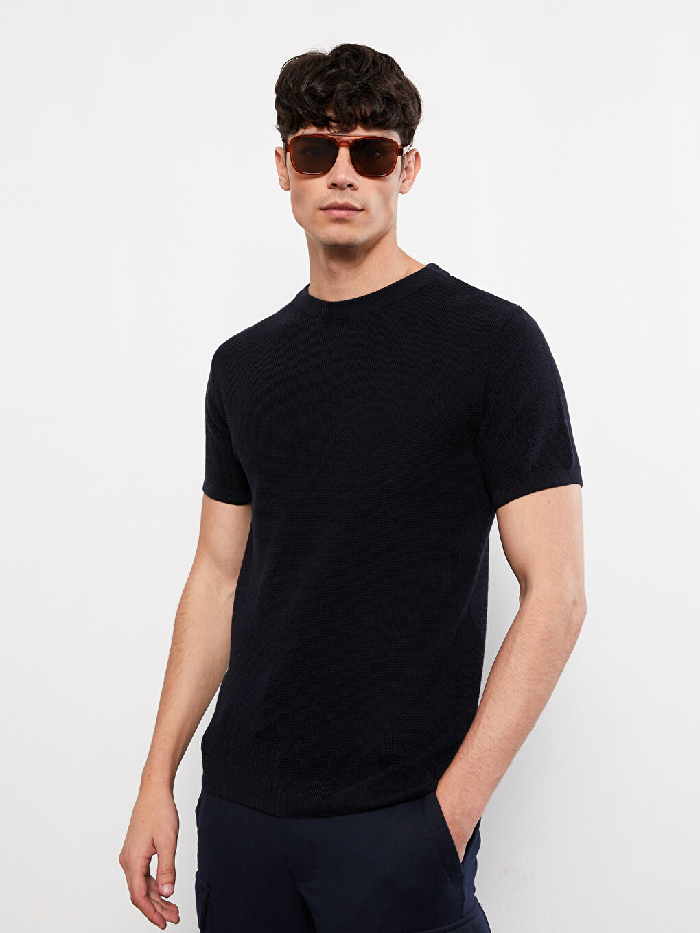 Lacivert Bisiklet Yaka Kısa Kollu Erkek Triko Kazak-2