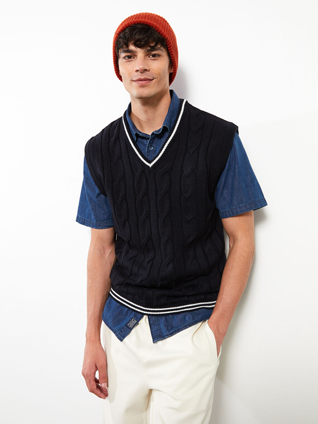 XSIDE V-Neck Sleeveless Patterned Men's Sweater -W2BV94Z8-HRC