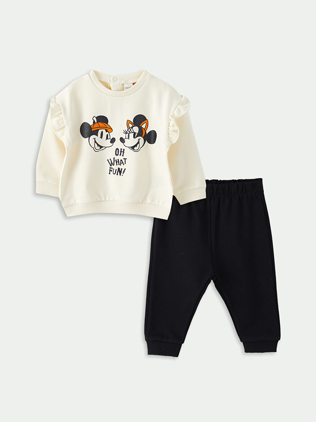 LCW baby Krem Rengi Bisiklet Yaka Uzun Kollu Minnie ve Mickey Mouse Baskılı Pamuklu Kız Bebek Sweatshirt ve Pantolon 2'li Takım