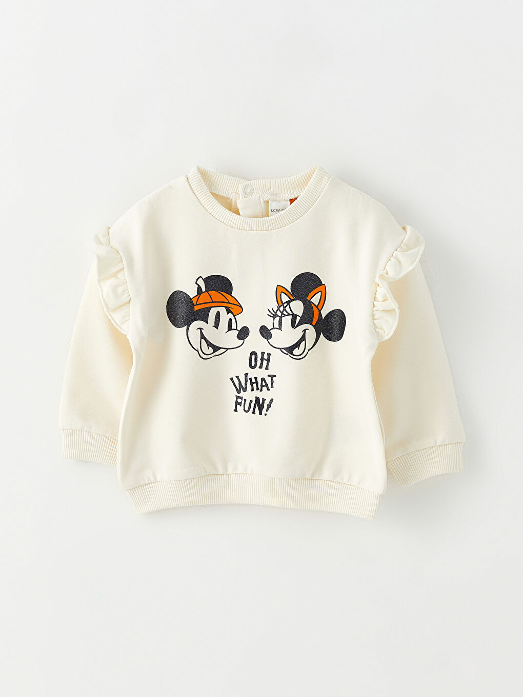 LCW baby Krem Rengi Bisiklet Yaka Uzun Kollu Minnie ve Mickey Mouse Baskılı Pamuklu Kız Bebek Sweatshirt ve Pantolon 2'li Takım - 1