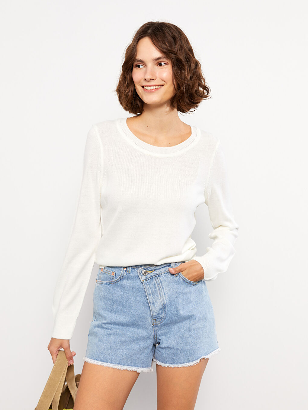 Ekru Bisiklet Yaka Düz Uzun Kollu Kadın Triko Kazak-1